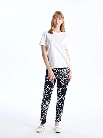 LCWAIKIKI Basic Lacivert Beli Lastikli Rahat Kalıp Desenli Kadın Pantolon