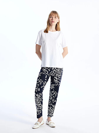 LCWAIKIKI Basic Lacivert Beli Lastikli Rahat Kalıp Desenli Kadın Pantolon