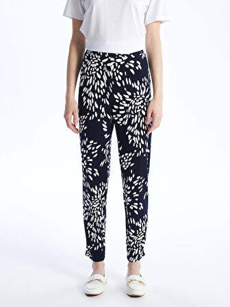 LCWAIKIKI Basic Lacivert Beli Lastikli Rahat Kalıp Desenli Kadın Pantolon