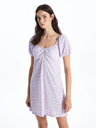 XSIDE LİLA Kalp Yaka Çiçekli Kısa Kollu Kadın Elbise