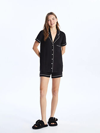 LCW DREAM Siyah Gömlek Yaka Düz Kısa Kollu Kadın Şortlu Pijama Takımı