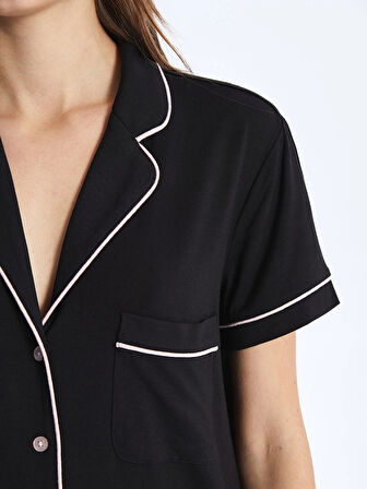 LCW DREAM Siyah Gömlek Yaka Düz Kısa Kollu Kadın Şortlu Pijama Takımı