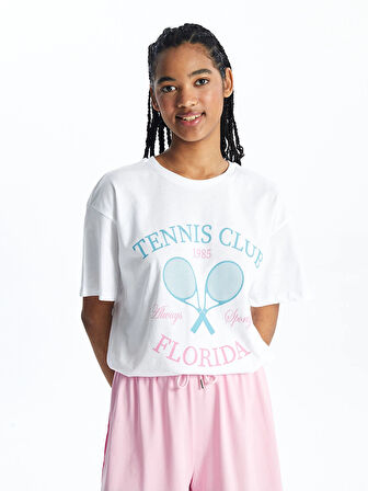 XSIDE ACTIVE Beyaz Bisiklet Yaka Baskılı Kısa Kollu Kadın Tişört