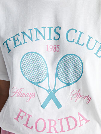 XSIDE ACTIVE Beyaz Bisiklet Yaka Baskılı Kısa Kollu Kadın Tişört