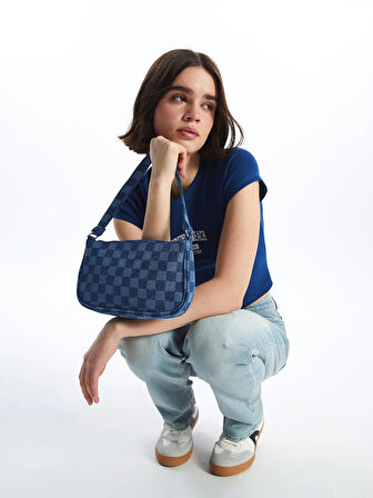 LCW ACCESSORIES MAVİ Ekose Desenli Kadın Baget Çanta