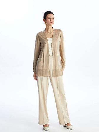 LCWAIKIKI Basic Bej Şal Yaka Düz Uzun Kollu Kadın Triko Hırka