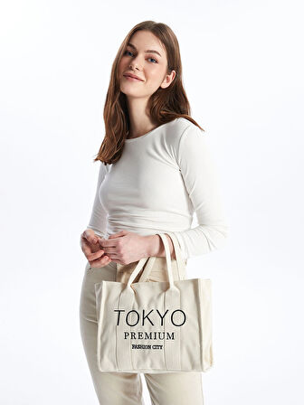 LCW ACCESSORIES EKRU Yazı Baskılı Kadın Tote Çanta