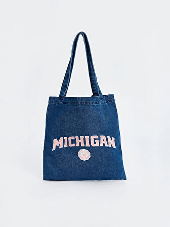 LCW ACCESSORIES MAVİ Yazı Baskılı Denim Kadın Kol Çantası