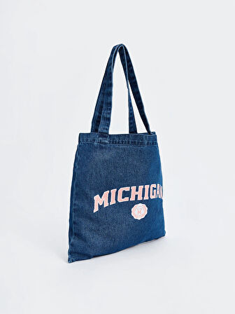 LCW ACCESSORIES MAVİ Yazı Baskılı Denim Kadın Kol Çantası