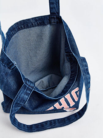 LCW ACCESSORIES MAVİ Yazı Baskılı Denim Kadın Kol Çantası