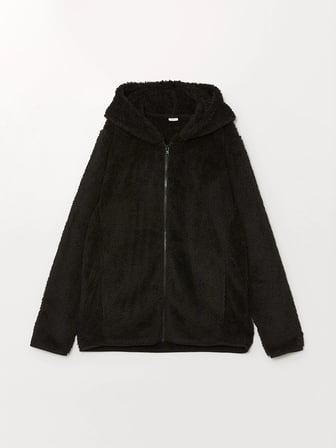 LCW Kids Siyah Kapüşonlu Pelüş Kız Çocuk Fermuarlı Sweatshirt