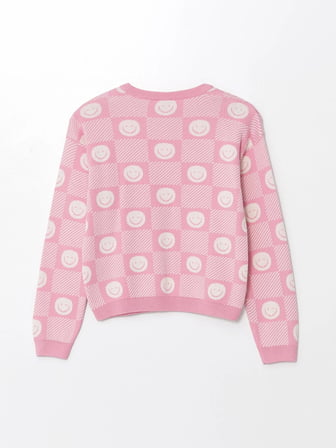 LCW Kids Pembe Bisiklet Yaka Desenli Uzun Kollu Kız Çocuk Triko Kazak