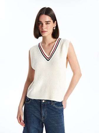 XSIDE Bej Kadın V Yaka Düz Triko Süveter