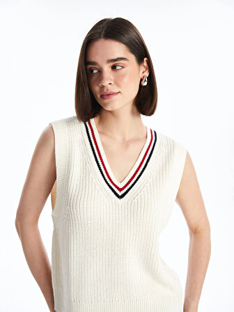 XSIDE Bej Kadın V Yaka Düz Triko Süveter