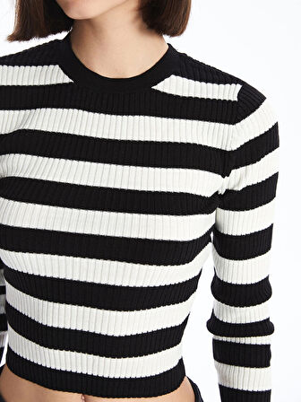 XSIDE Ekru Bisiklet Yaka Çizgili Uzun Kollu Crop Kadın Triko Kazak