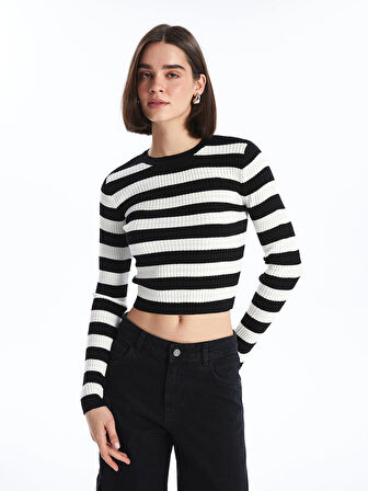 XSIDE Ekru Bisiklet Yaka Çizgili Uzun Kollu Crop Kadın Triko Kazak