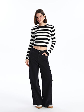 XSIDE Bisiklet Yaka Çizgili Uzun Kollu Crop Kadın Triko Kazak