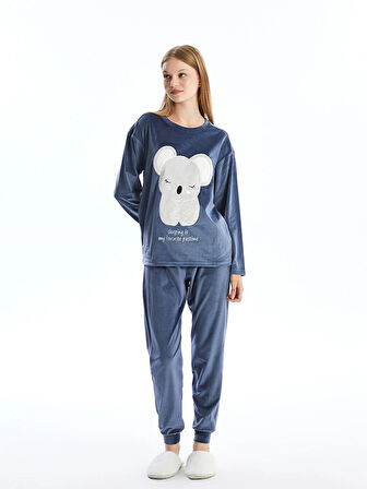 LCW Young Mor H12 Bisiklet Yaka Nakışlı Uzun Kollu Kadife Kadın Pijama Takımı