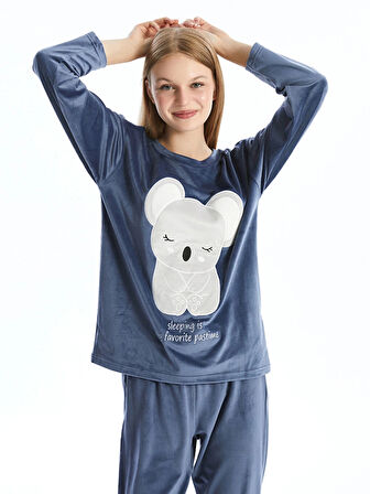 LCW Young Mor H12 Bisiklet Yaka Nakışlı Uzun Kollu Kadife Kadın Pijama Takımı