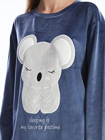 LCW Young Mor H12 Bisiklet Yaka Nakışlı Uzun Kollu Kadife Kadın Pijama Takımı
