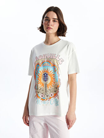 XSIDE Ekru Bisiklet Yaka Baskılı Kısa Kollu Kadın Tişört