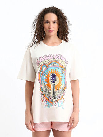 XSIDE Ekru Bisiklet Yaka Baskılı Kısa Kollu Kadın Tişört