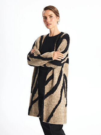 LCWAIKIKI Classic Kahverengi Şal Yaka Desenli Uzun Kollu Kadın Pelüş Hırka