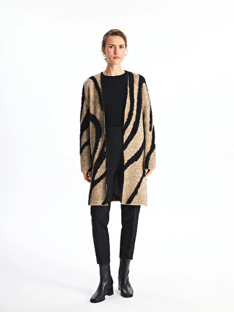 LCWAIKIKI Classic Kahverengi Şal Yaka Desenli Uzun Kollu Kadın Pelüş Hırka