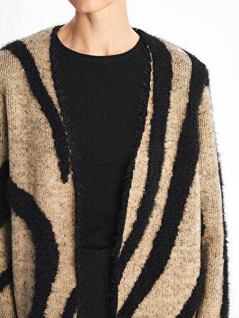 LCWAIKIKI Classic Kahverengi Şal Yaka Desenli Uzun Kollu Kadın Pelüş Hırka