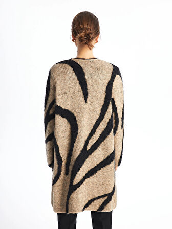 LCWAIKIKI Classic Kahverengi Şal Yaka Desenli Uzun Kollu Kadın Pelüş Hırka