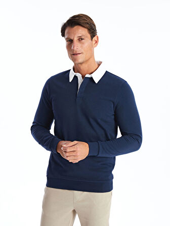 LCWAIKIKI Classic İndigo Polo Yaka Uzun Kollu Erkek Sweatshirt