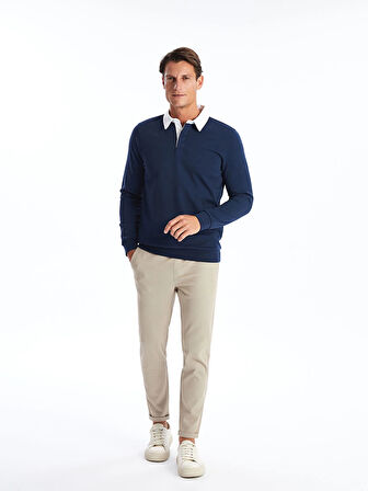 LCWAIKIKI Classic İndigo Polo Yaka Uzun Kollu Erkek Sweatshirt