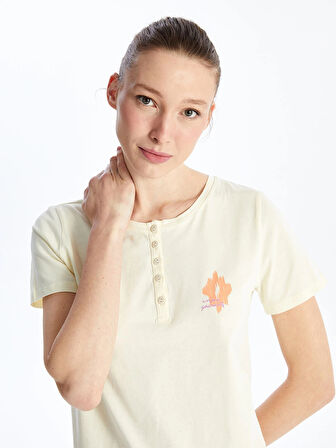 LCW DREAM Ekru Bisiklet Yaka Baskılı Kısa Kollu Kadın Pijama Takımı