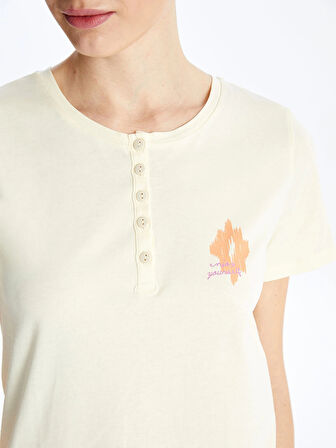 LCW DREAM Ekru Bisiklet Yaka Baskılı Kısa Kollu Kadın Pijama Takımı