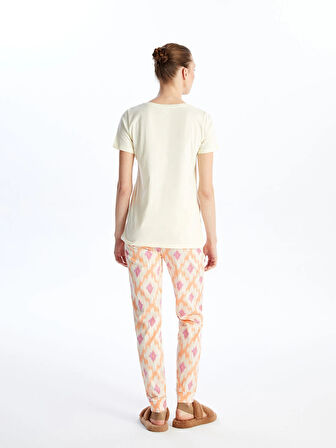 LCW DREAM Ekru Bisiklet Yaka Baskılı Kısa Kollu Kadın Pijama Takımı