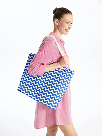 LCW ACCESSORIES MAVİ Çizgi Desenli Kadın Plaj Çantası