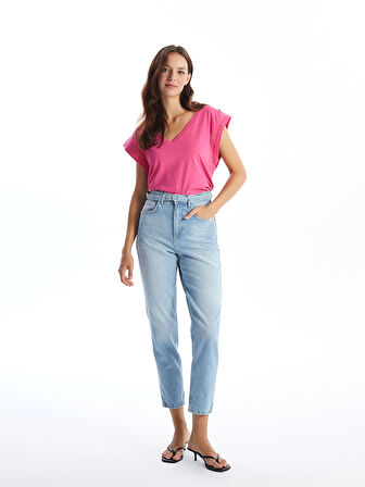 LCW Jeans Indigo Beli Kemerli Mom Fit Kadın Jean Pantolon