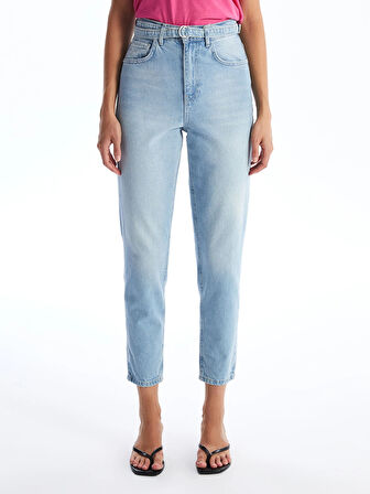 LCW Jeans Indigo Beli Kemerli Mom Fit Kadın Jean Pantolon