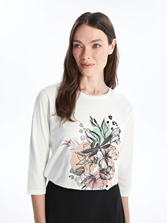 LCW Grace BEYAZ Bisiklet Yaka Baskılı Kadın Tişört