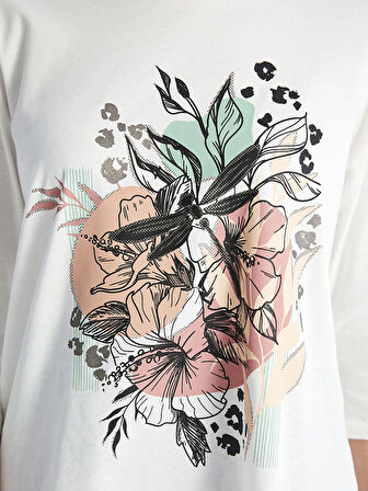 LCW Grace BEYAZ Bisiklet Yaka Baskılı Kadın Tişört