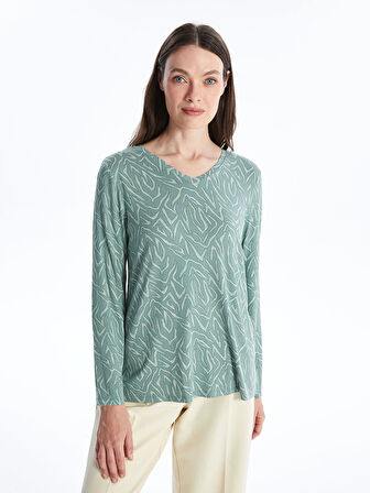 LCW Grace Turkuaz V Yaka Desenli Uzun Kollu Kadın Bluz