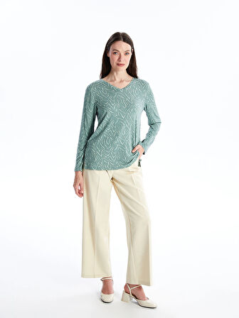 LCW Grace Turkuaz V Yaka Desenli Uzun Kollu Kadın Bluz