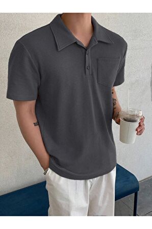 Erkek Oversize Polo Yaka  Waffle T-Shirt  POLOYAKA-DÜĞMELİ