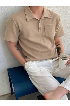 Erkek Oversize Polo Yaka  Waffle T-Shirt  POLOYAKA-DÜĞMELİ