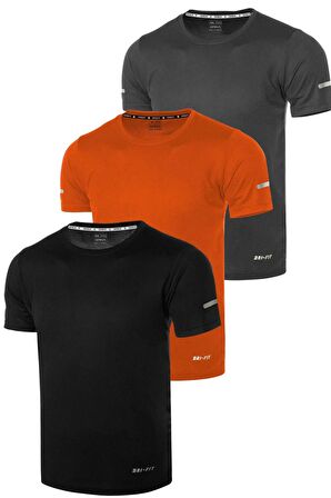 3'lü Erkek Nem Emici Hızlı Kuruma Atletik Teknik Performans Spor T-shirt DRIFIT-KISAKOL3(siyah-turuncu-füme)