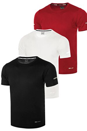 3'lü Erkek Nem Emici Hızlı Kuruma Atletik Teknik Performans Spor T-shirt DRIFIT-KISAKOL3(siyah-beyaz-kırmızı)