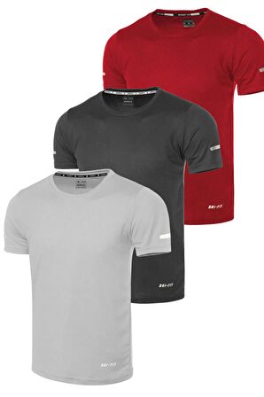 3'lü Erkek Nem Emici Hızlı Kuruma Atletik Teknik Performans Spor T-shirt DRIFIT-KISAKOL3(gri-füme-kırmızı)