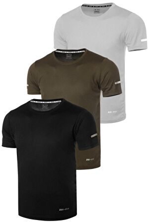 3'lü Erkek Nem Emici Hızlı Kuruma Atletik Teknik Performans Spor T-shirt DRIFIT-KISAKOL3(siyah-haki-gri)