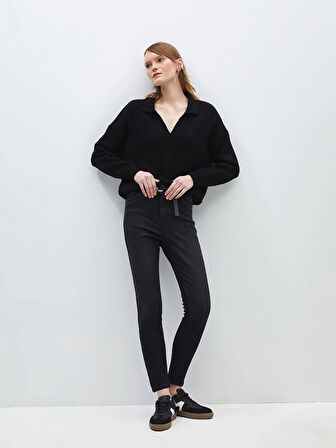 LCW Jeans Siyah Beli Kemerli Jüpiter Süper Skinny Fit Kadın Jean Pantolon
