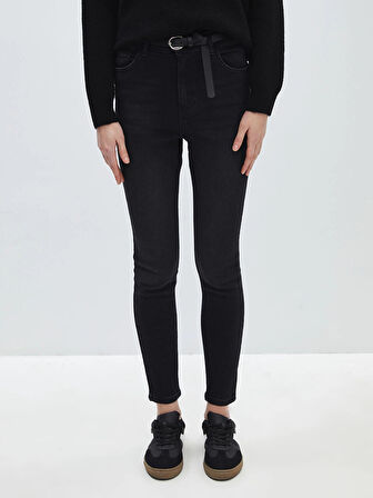 LCW Jeans Siyah Beli Kemerli Jüpiter Süper Skinny Fit Kadın Jean Pantolon